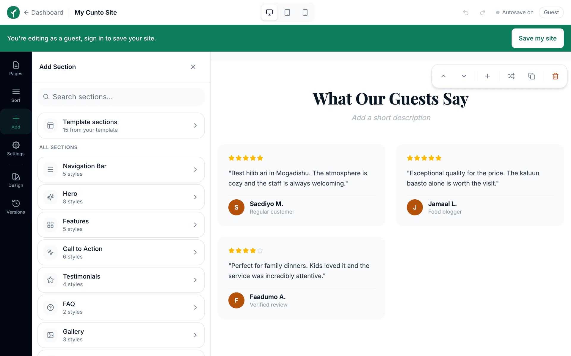 Step one of adding a section, a scrollable list of section types such as Navigation Bar, Hero, Features, Call to Action, Testimonials, FAQ and Gallery, each with an icon and the number of styles available.