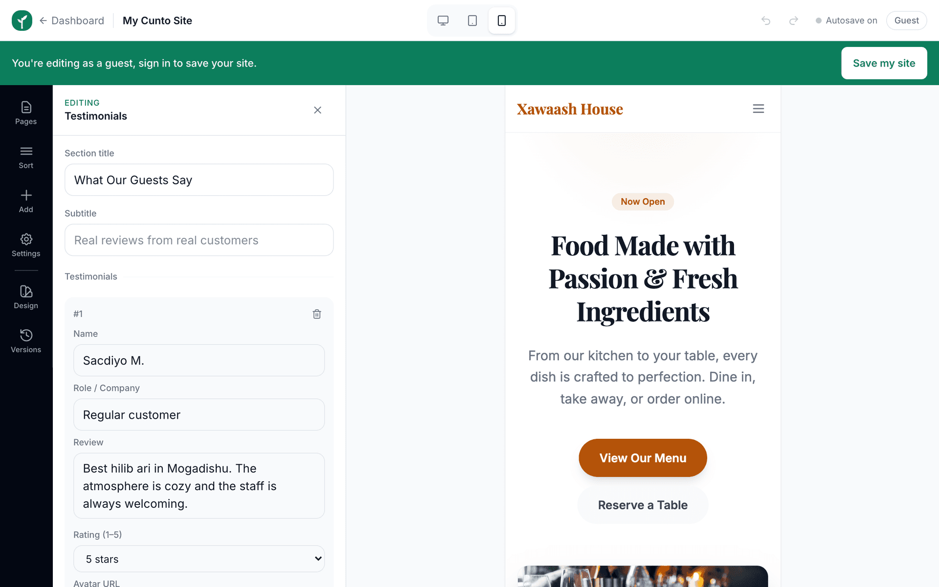 The editor canvas narrowed to a phone-width preview using the mobile button in the top bar, showing how the page will look on a small screen.