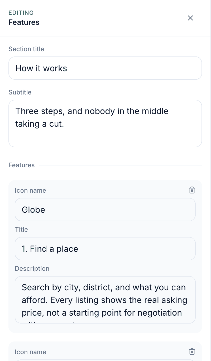 The editor with a testimonials section selected and its content panel open on the right, listing plain fields for the section title, subtitle and each reviewer's name, role, review text and rating.