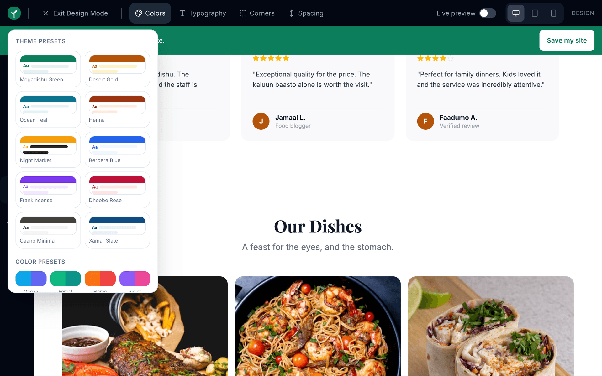 Design mode in the editor, with Colours, Typography, Corners and Spacing tools across the top bar and the Colours popover open over the live page showing ready-made theme and colour presets.