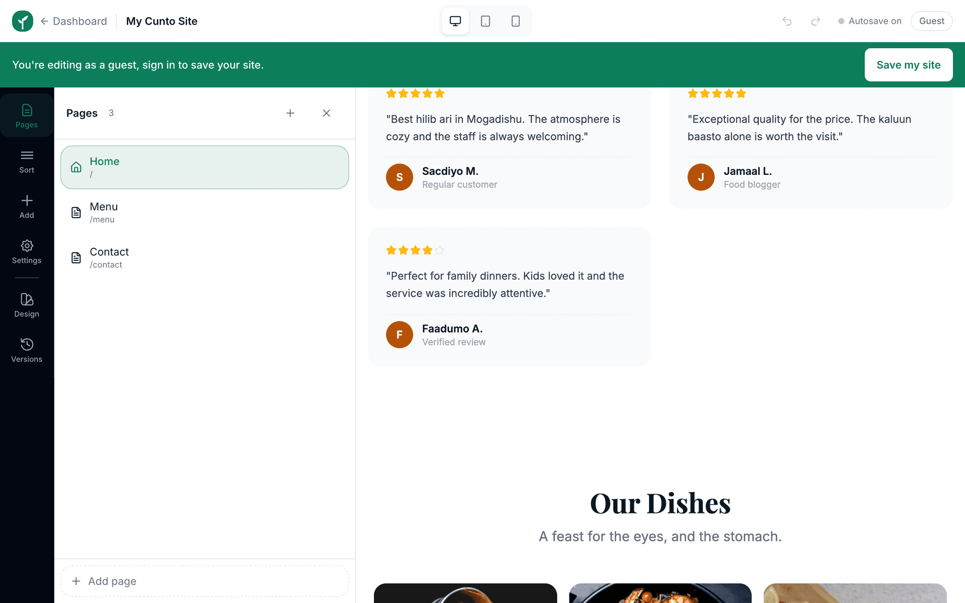 The Pages panel open in the editor, listing the site's Home, Menu and Contact pages with a control to add another page.
