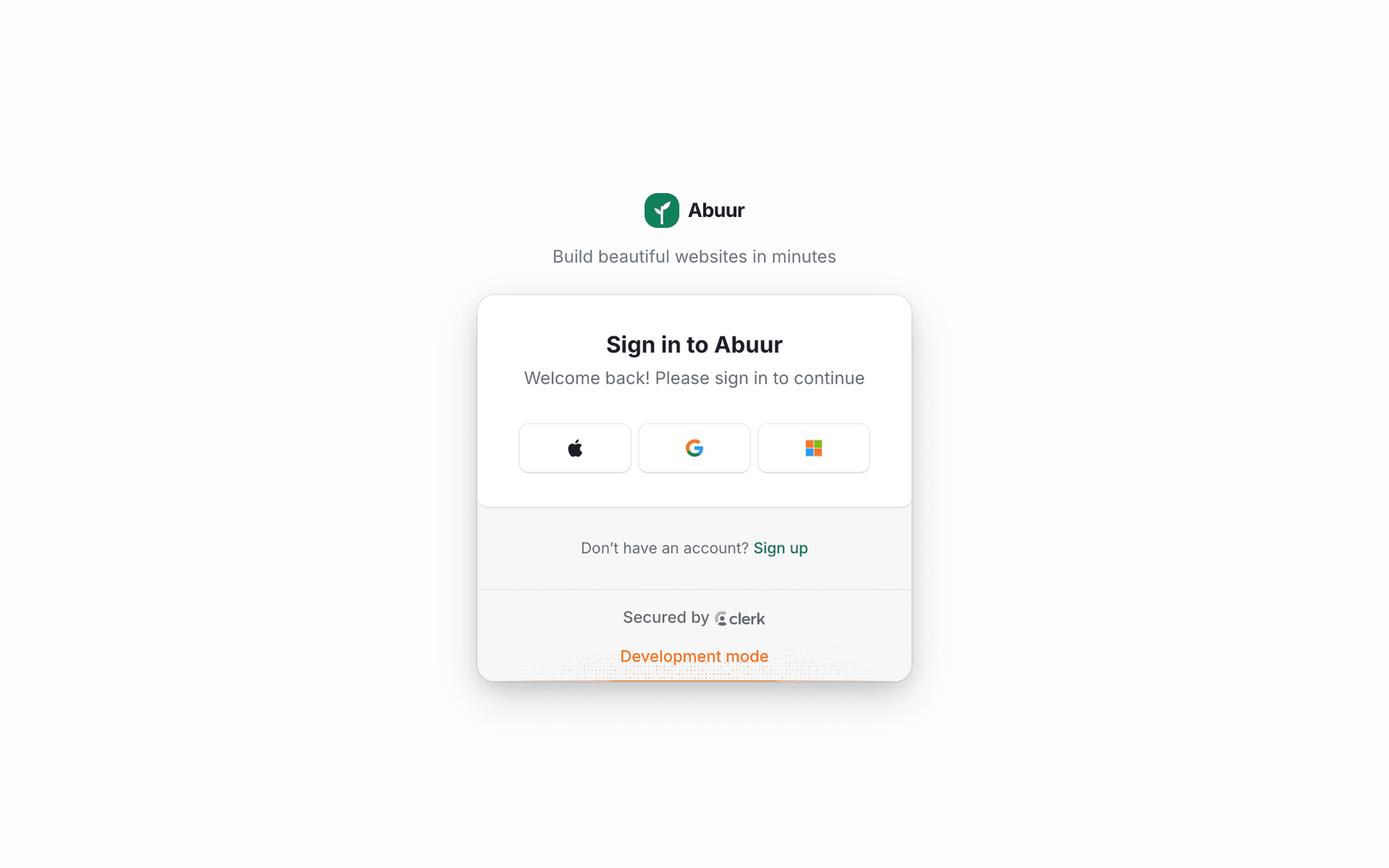 The Abuur sign-in screen shown to guests who press Save my site, offering Apple, Google and Microsoft sign-in and a Sign up link.