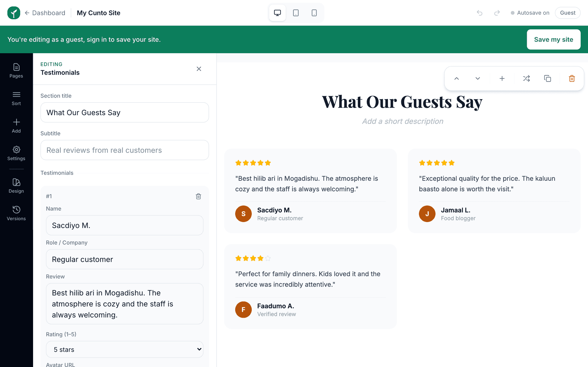 A testimonials section selected on the editor page, outlined with a coloured ring and with a small floating toolbar offering move up, move down, add here, change style, duplicate and delete.