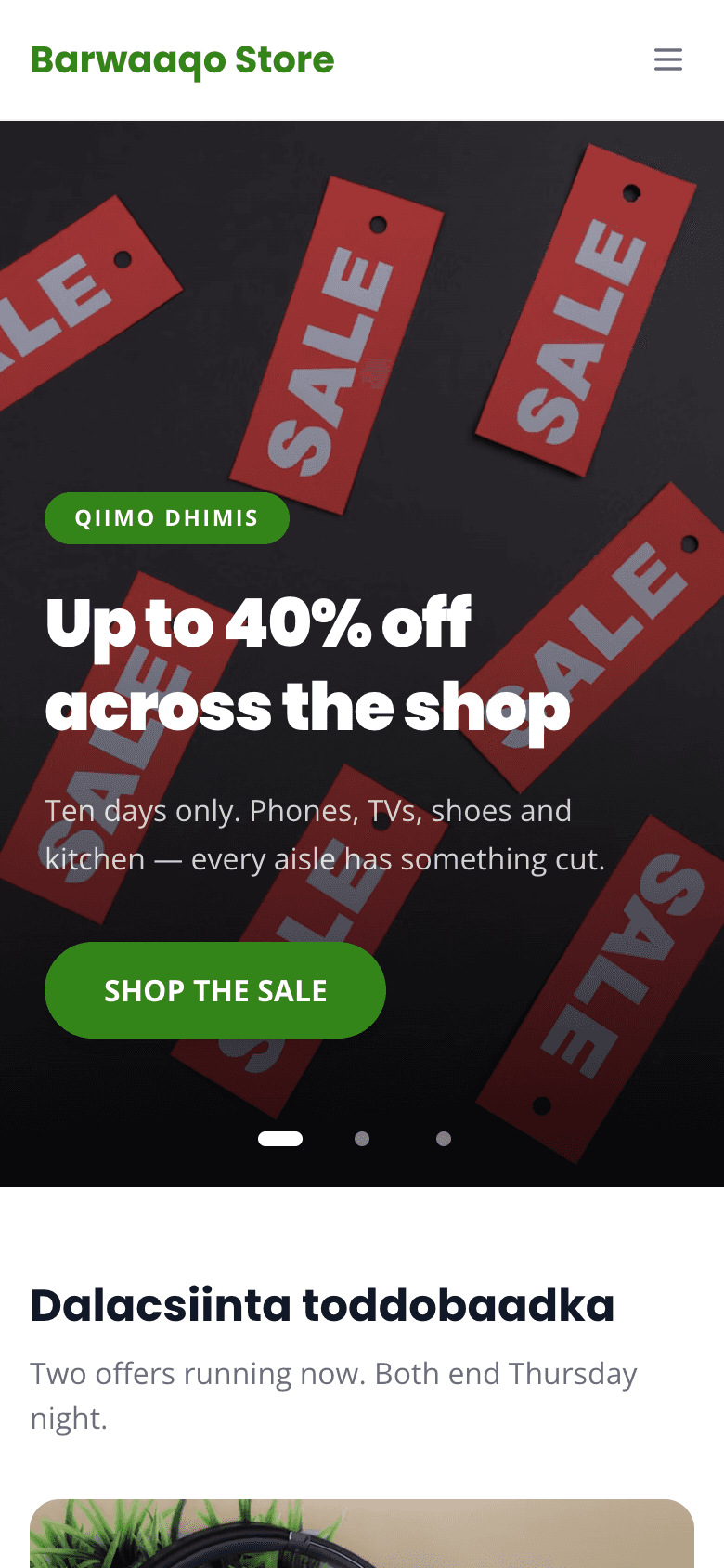 A published Abuur shop site on a phone, showing its sale banner and a hamburger menu, the same site customers see after publishing.