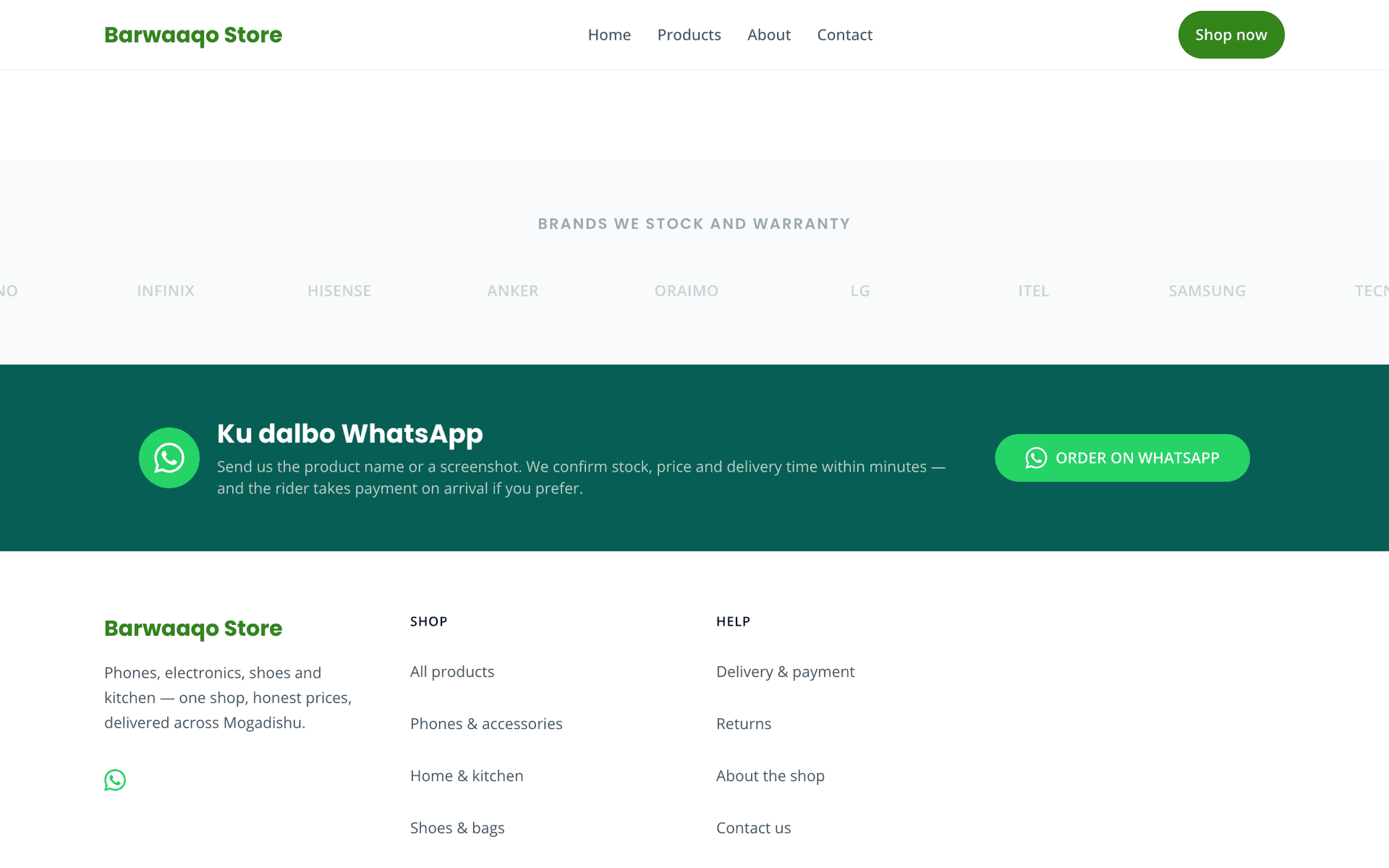 A published shop site with a WhatsApp ordering band near the bottom of the page, headed Ku dalbo WhatsApp with an order on WhatsApp button.
