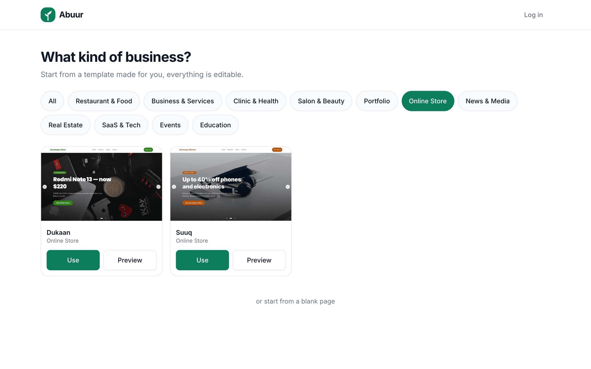 The template picker with the Online Store category chip highlighted in green, narrowing the grid to the Dukaan and Suuq templates with Use and Preview buttons.