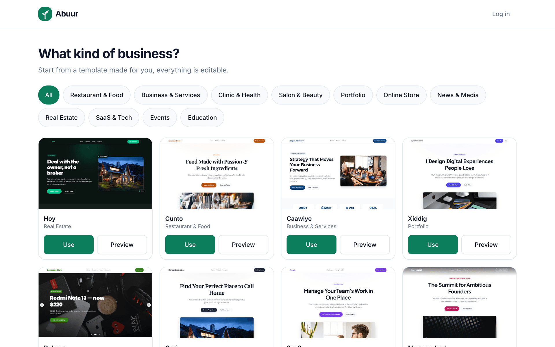 The Abuur template picker, with industry category chips above a grid of template cards, each showing a preview image, its name and Use and Preview buttons.