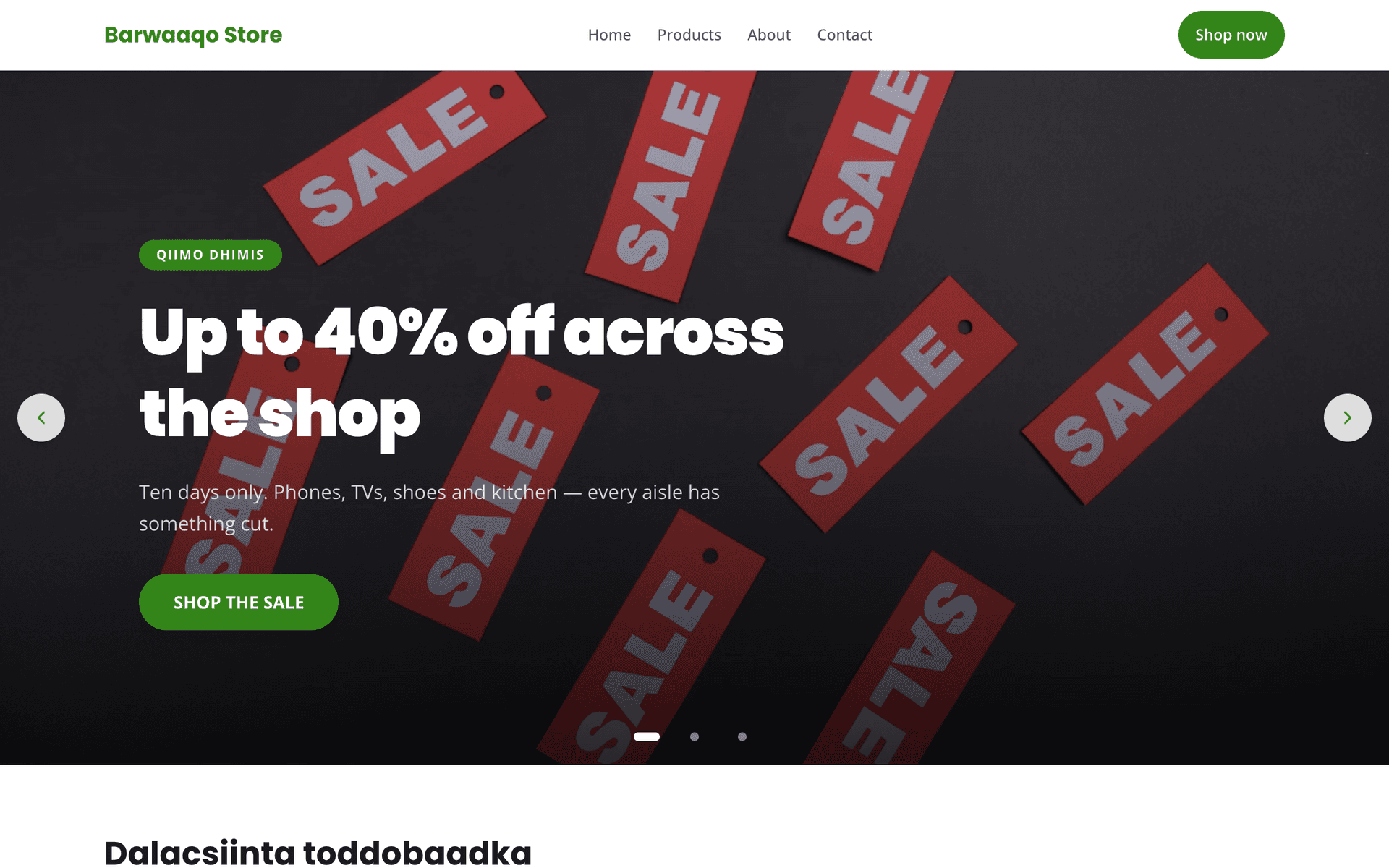 A full-page template preview, showing the shop template's navigation bar and full-width sale banner exactly as a visitor would first see it.