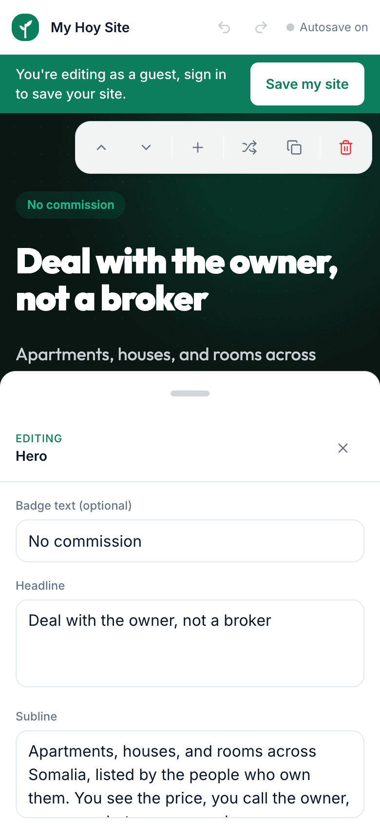 The editor on a phone with the hero section selected, its small toolbar above and a sheet slid up from the bottom holding the Badge text, Headline and Subline fields, with the page still visible above.