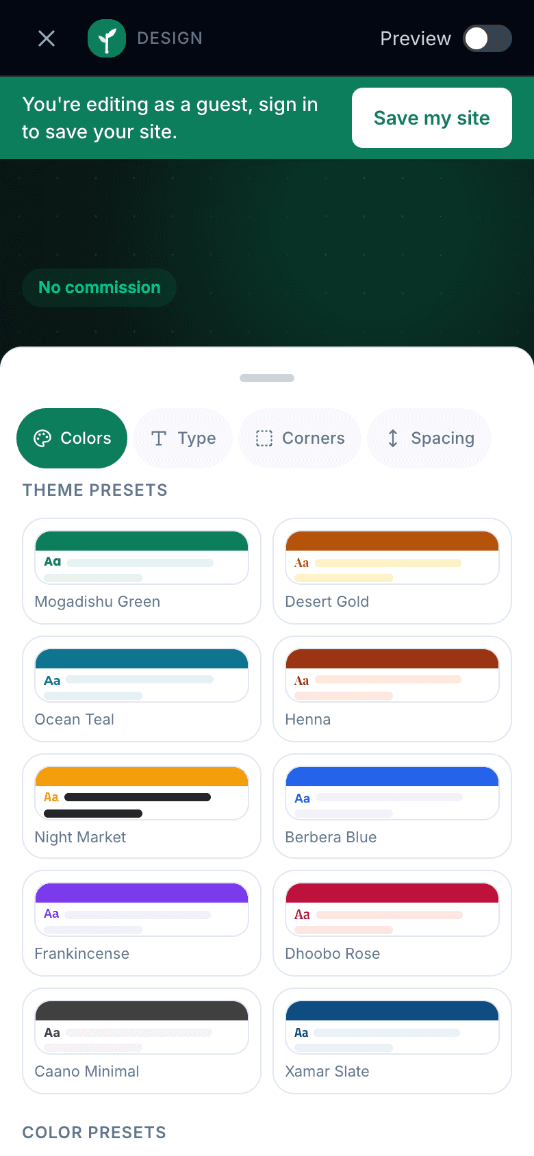 Design mode on a phone, with a Design header and Preview toggle at the top and a bottom sheet open on the Colours tab showing theme swatches such as Mogadishu Green, Desert Gold and Ocean Teal.