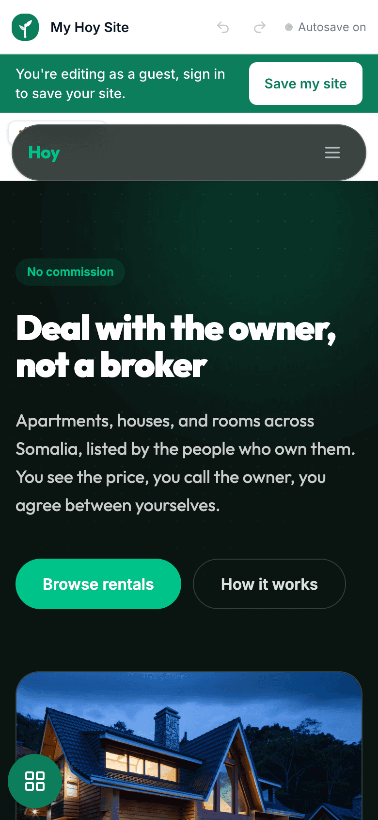 The Abuur editor on a phone, showing a template's hero section filling the screen with a small green round button at the bottom left.