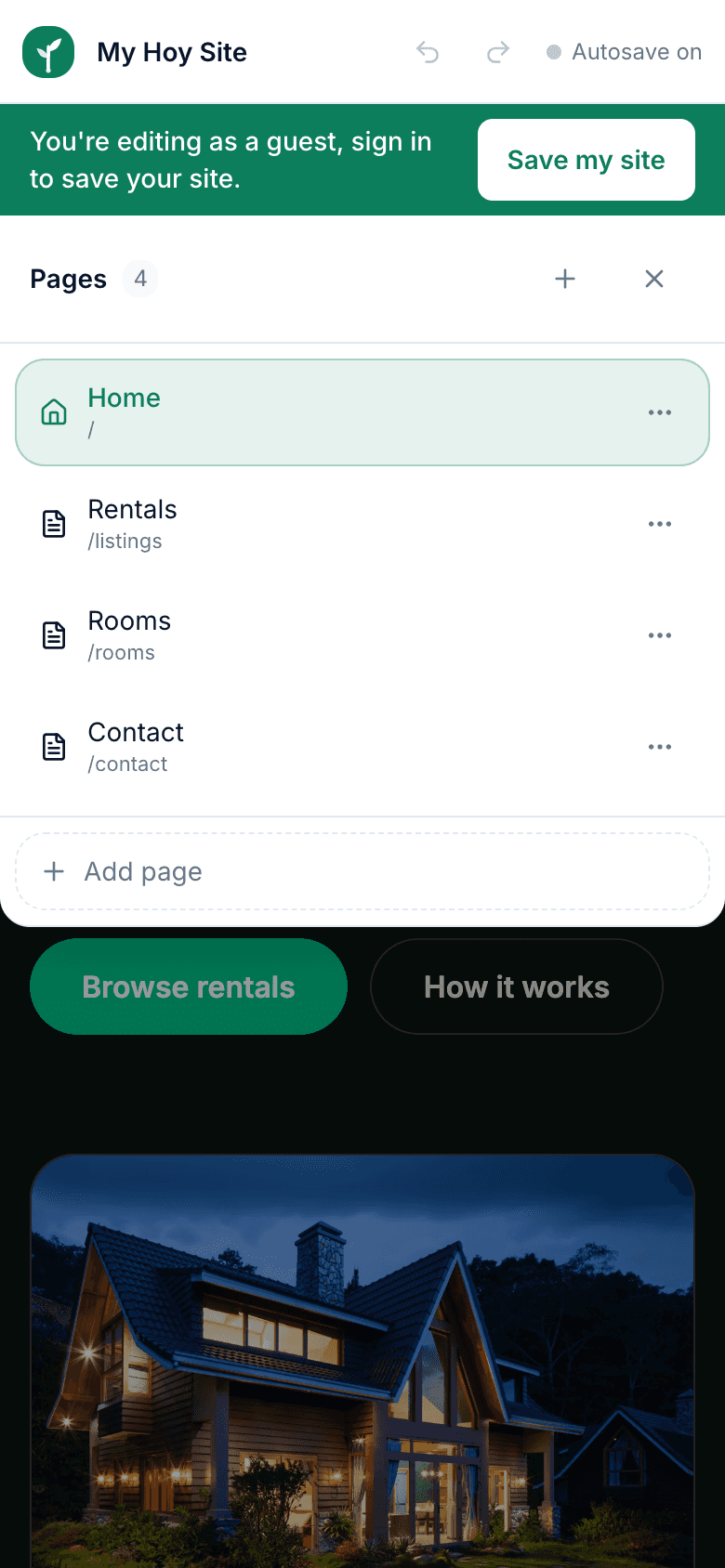 The Pages panel on a phone, dropping down over a dimmed page and listing Home, Rentals, Rooms and Contact with an add page row.